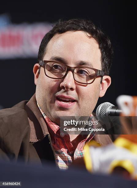 Actor P. J. Byrne speaks during the 'The Legend Of Korra' panel during 2014 New York Comic Con - Day 1 at Jacob Javitz Center on October 9, 2014 in...