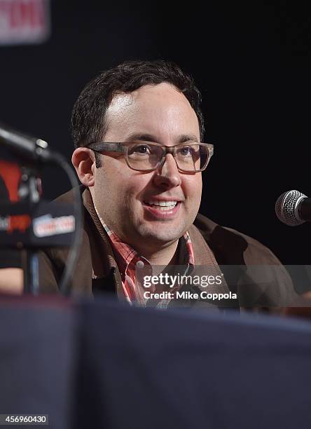Actor P. J. Byrne speaks during the 'The Legend Of Korra' panel during 2014 New York Comic Con - Day 1 at Jacob Javitz Center on October 9, 2014 in...