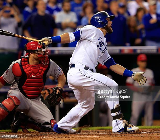 Alex Gordon of the Kansas City Royals bats during game 3 of the American League Division Series at Kauffman Stadium on October 5, 2014 in Kansas...