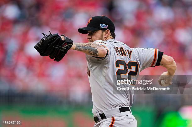 Jake Peavy of the San Francisco Giants pitches in the third inning against the Washington Nationals during Game One of the National League Division...