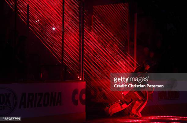 Goaltender Devan Dubnyk of the Arizona Coyotes skates out onto the ice before the NHL game against the Winnipeg Jets at Gila River Arena on October...