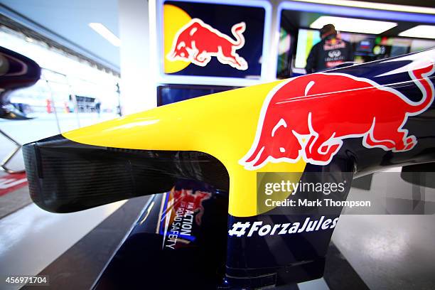 ForzaJules is displayed on the front wing of Daniel Ricciardo of Australia and Infiniti Red Bull Racing's RB10 in support of Jules Bianchi of France...