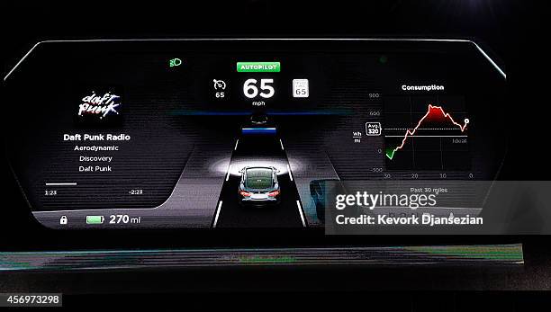 The new dashboard of Tesla "D" model electric sedan is seen on a giant screen during Elon Musk's , CEO of Tesla, unveiling of the dual engine chassis...