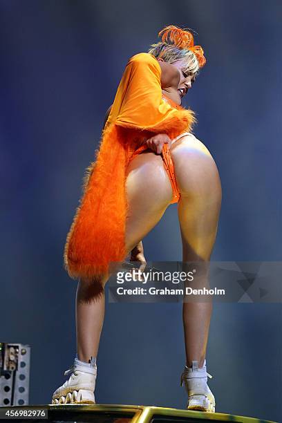 Miley Cyrus performs live at her opening night of The Bangerz Tour at Rod Laver Arena on October 10, 2014 in Melbourne, Australia.