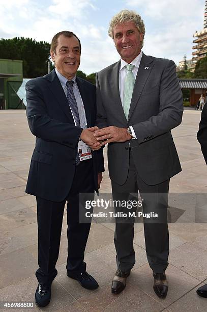 Antonio Caliendo and Jean-Marie Pfaff pose prior the Golden Foot Award press conference at Grimaldi Forum on October 10, 2014 in Monte-Carlo, Monaco.