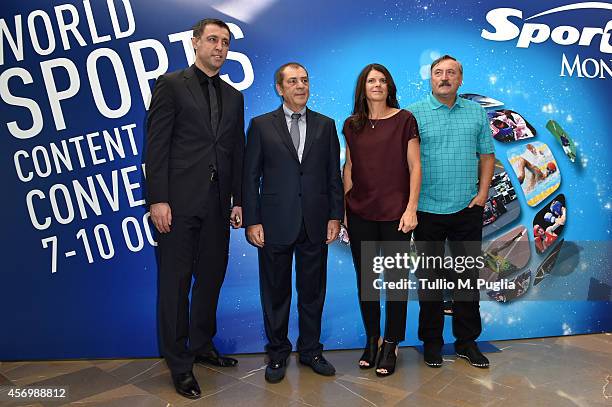 Hakan Sukur, Antonio Caliendo, Mia Hamm and Antonin Panenka pose prior the Golden Foot Award press conference at Grimaldi Forum on October 10, 2014...