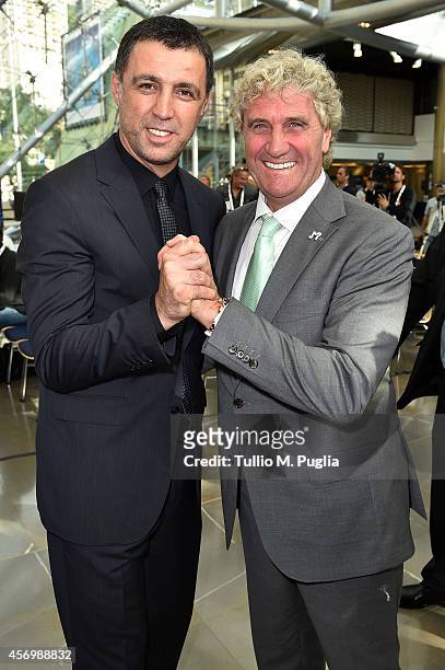 Hakan Sukur and Jean-Marie Pfaff pose during the Golden Foot Award press conference at Grimaldi Forum on October 10, 2014 in Monte-Carlo, Monaco.