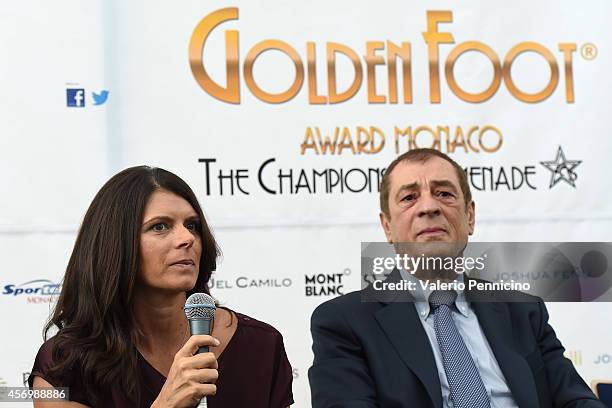 Mia Hamm talks to the media during the Golden Foot Award press conference at Grimaldi Forum on October 10, 2014 in Monte-Carlo, Monaco.