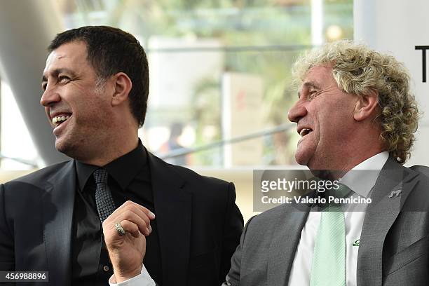 Jean-Marie Pfaff and Hakan Sukur attend the Golden Foot Award press conference at Grimaldi Forum on October 10, 2014 in Monte-Carlo, Monaco.