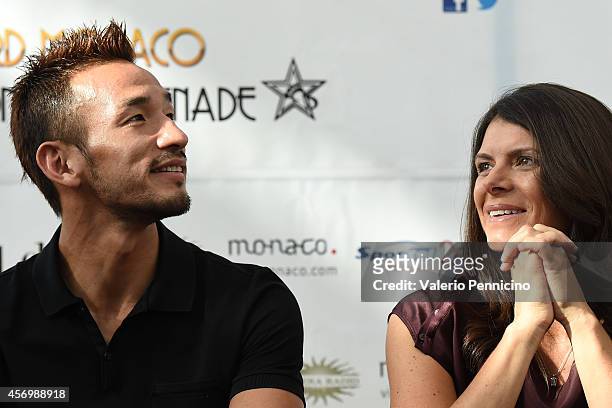 Hidetoshi Nakata and Mia Hamm attend the Golden Foot Award press conference at Grimaldi Forum on October 10, 2014 in Monte-Carlo, Monaco.