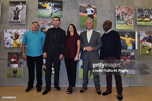 Antonin Panenka, Hakan Sukur, Mia Hamm, Jean-Marie Pfaff and Roger Milla pose after the Golden Foot Award press conference at Grimaldi Forum on...