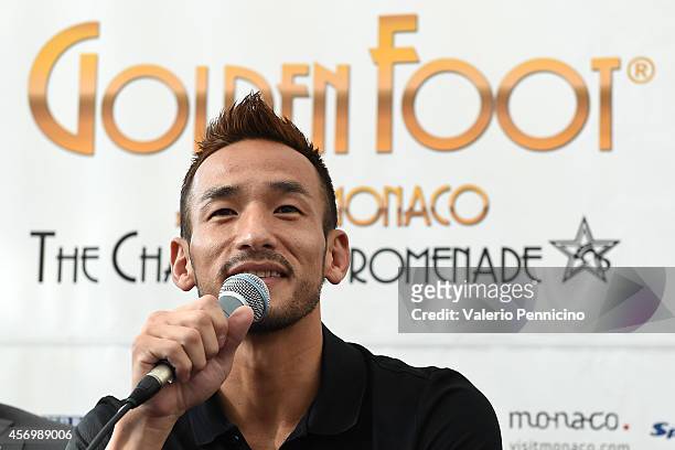 Hidetoshi Nakata talks to the media during the Golden Foot Award press conference at Grimaldi Forum on October 10, 2014 in Monte-Carlo, Monaco.