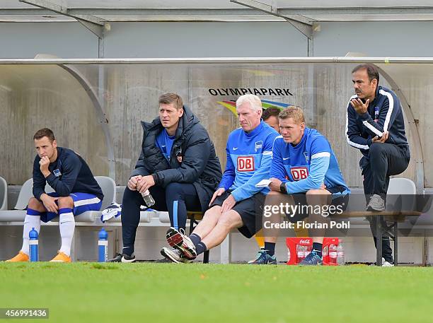 Hertha substitutes' bench look on during the game between Hertha BSC and Erzgebirge Aue on october 10, 2014 in Berlin, Germany.