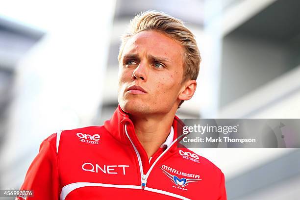 Max Chilton of Great Britain and Marussia leaves the circuit after practice ahead of the Russian Formula One Grand Prix at Sochi Autodrom on October...