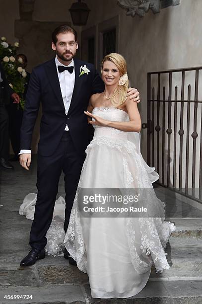 Michelle Hunziker and Tomaso Trussardi attend the Michelle Hunziker Wedding With Tomaso Trussardi at Palazzo della Ragione on October 10, 2014 in...