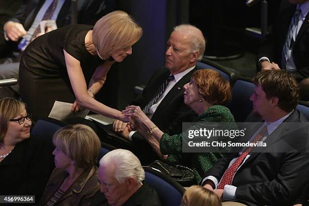 NewsHour CoAnchor Judy Woodruff shakes hands with Sarah Brady, widow of former White House Press Secretary James Brady, during his memorial service...