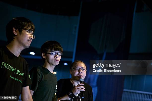 Alex Chow, secretary general of the Hong Kong Federation of Students, from left, Joshua Wong, leader of the student group Scholarism, and Benny Tai...