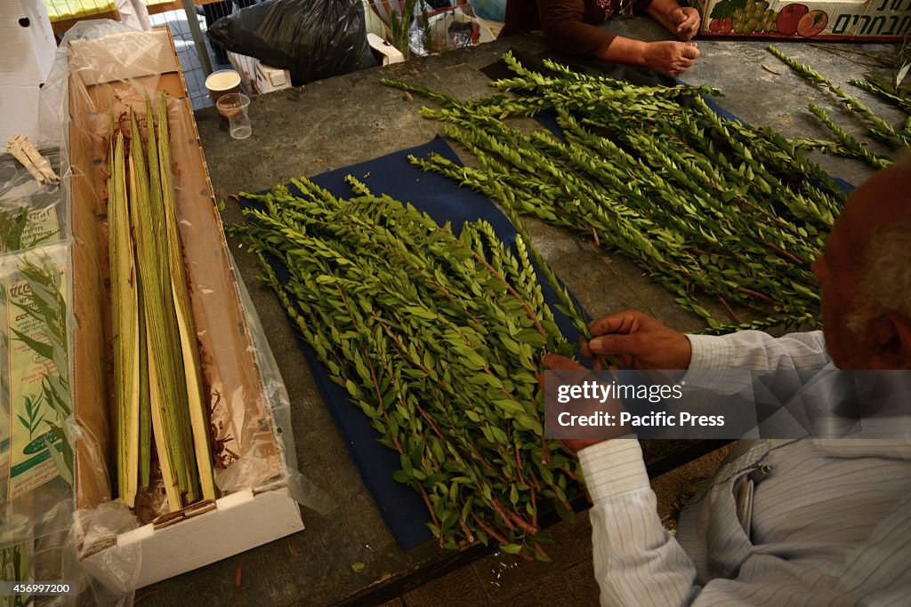 The Jewish people are busy buying  citrus fruit, willow,...