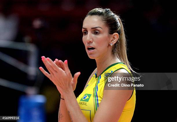 Thaisa Menezes of Brazil applauds during the FIVB Women's World Championship pool G match between Brazil and Dominican Republic on October 10, 2014...