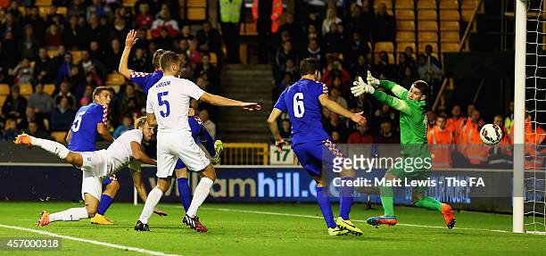 Harry Kane of England heads the ball past Matej Delac of Croatia to score a goal during the UEFA U21 Championship Playoff First Leg match between...