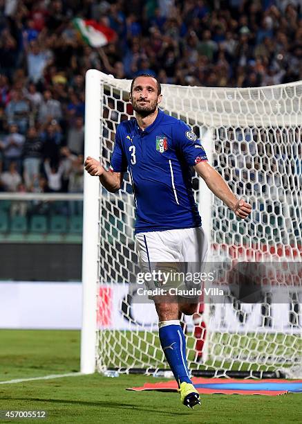 Giorgio Chiellini of Italy celebrates after scoring the opening goal during the EURO 2016 Group H Qualifier match between Italy and Azerbaijan at...