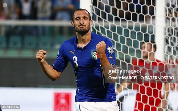 Italy's Giorgio Chiellini celebrates after scoring during the UEFA Euro 2016 group H qualifying football match between Italy and Azerbaijan on...