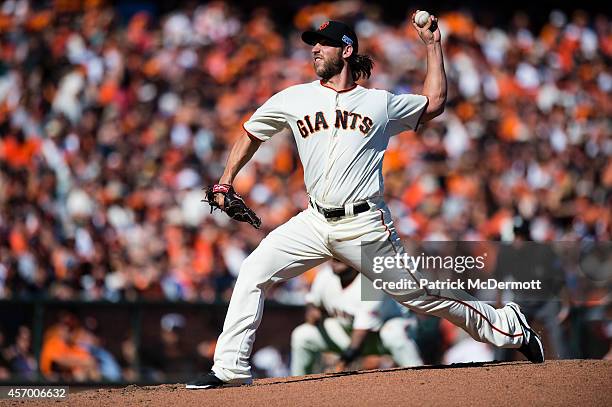 Madison Bumgarner of the San Francisco Giants pitches in the second inning against the Washington Nationals during Game Three of the National League...