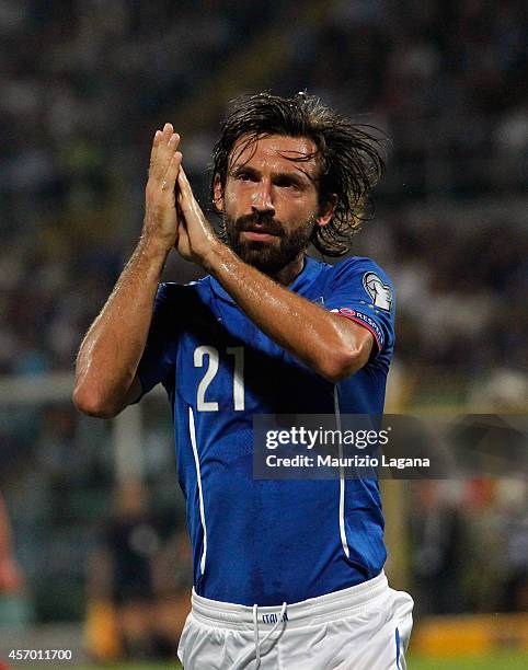 Andrea Pirlo of Italy salutes during the EURO 2016 Group H qualifier match between Italy and Azerbaijan at Stadio Renzo Barbera on October 10, 2014...