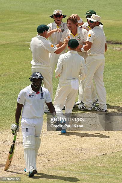 Shane Watson of Australia is congratulated by team mates after dismissing Michael Carberry of England during day four of the Third Ashes Test Match...