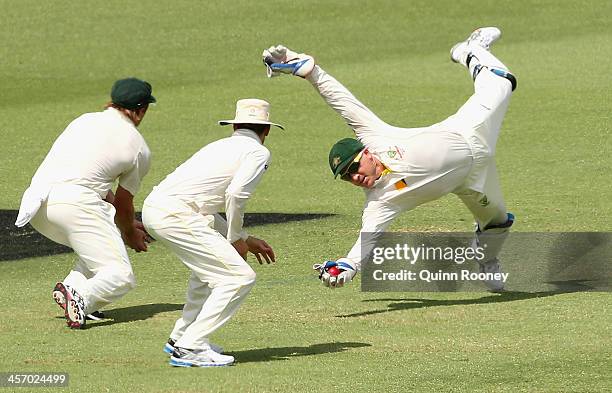 Brad Haddin of Australia takes a catch to dismiss Joe Root of England during day four of the Third Ashes Test Match between Australia and England at...