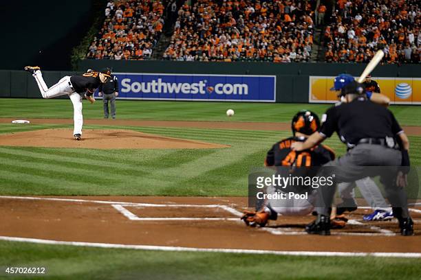Chris Tillman of the Baltimore Orioles throws a pitch in the first inning against the Kansas City Royals during Game One of the American League...