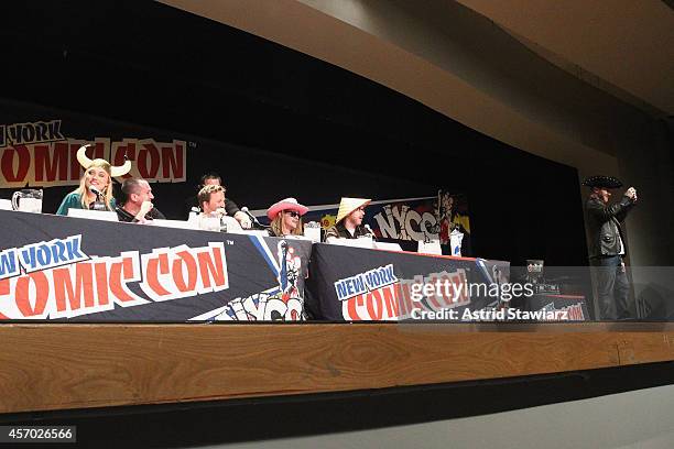 Clare Grant, Matthew Senreich, Breckin Meyer and Seth Green attend The Adult Swim RobotChicken Panel At New York Comic Con 2014 at Jacob Javitz...