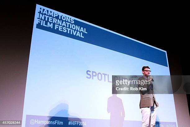 Artistic Director of the Hamptons International Film Festival David Nugent speaks onstage at the "Time Out of Mind" premiere during the 2014 Hamptons...