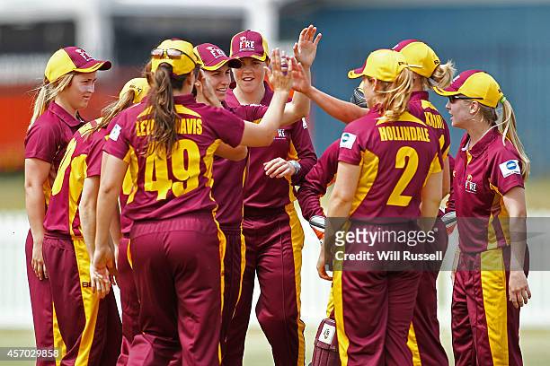 Queensland celebrate after taking the wicket of Chloe Piparo of Western Australia during the WNCL match between Western Australia and Queensland at...