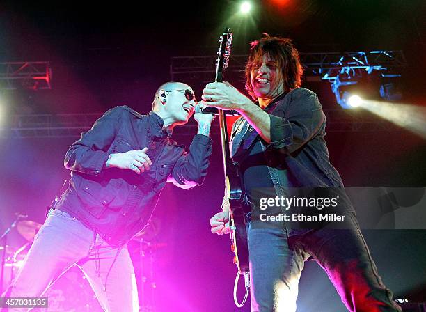 Singer Chester Bennington and guitarist Dean DeLeo of Stone Temple Pilots perform during KOMP'S Totally Politically Correct Holiday Bash at The Joint...