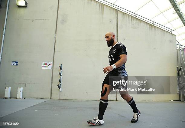 Forbes of New Zealand walks from the field after the 2014 Gold Coast Sevens Pool A match between New Zealand and Japan at Cbus Super Stadium on...