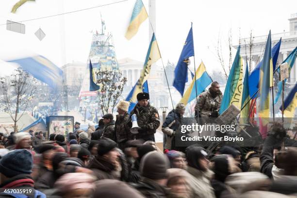 Protesters control the flow of people in and out Maidan Square on December 15, 2013 in Kiev, Ukraine. The anti-government protesters are demanding...