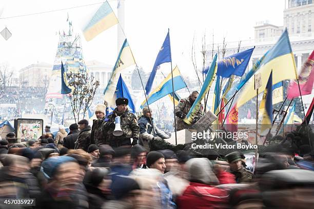 Protesters control the flow of people in and out Maidan Square on December 15, 2013 in Kiev, Ukraine. The anti-government protesters are demanding...