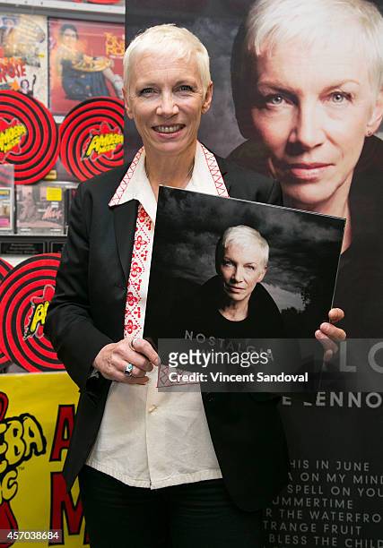 Singer Annie Lennox signs copies of her new album "Nostalgia" at Amoeba Music on October 10, 2014 in Hollywood, California.
