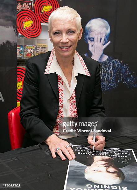 Singer Annie Lennox signs copies of her new album "Nostalgia" at Amoeba Music on October 10, 2014 in Hollywood, California.