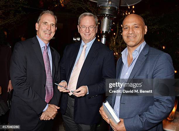 Jonathan Rosenberg, Eric Schmidt and John Cavazos attend the book launch party for "How Google Works" by Eric Schmidt and Jonathan Rosenberg, hosted...