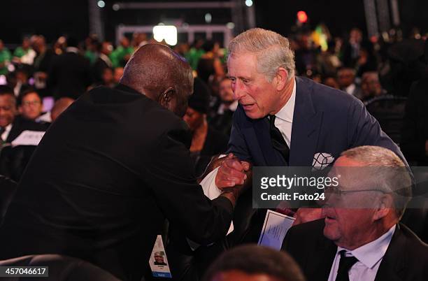 Kenneth Kaunda speaks with Prince Charles at Madiba's State Funeral on December 15, 2013 in Qunu, South Africa. Nelson Mandela passed away on the...
