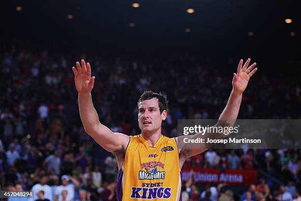 Ben Madgen of the Kings thanks the crowd after winning the round one NBL match between the Sydney Kings and the Wollongong Hawks at Qantas Credit...