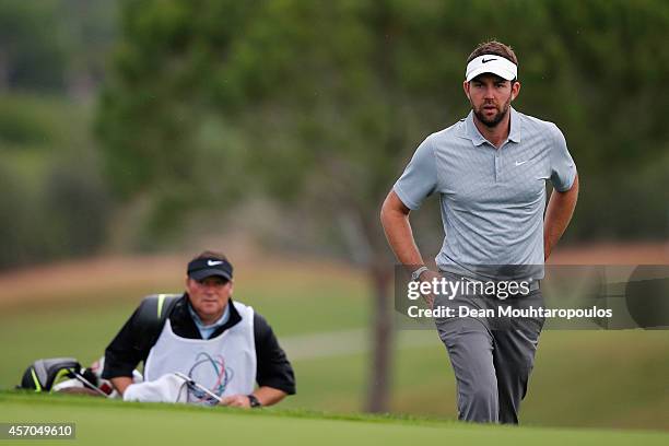 Scott Jamieson of Scotland walks onto the 7th green during Day 3 of the Portugal Masters held at the Oceanico Victoria Golf Course on October 11,...