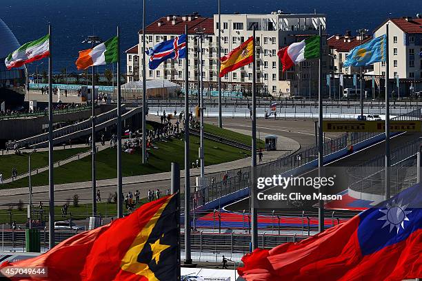 Lewis Hamilton of Great Britain and Mercedes GP and Esteban Gutierrez of Mexico and Sauber F1 drive during final practice ahead of the Russian...