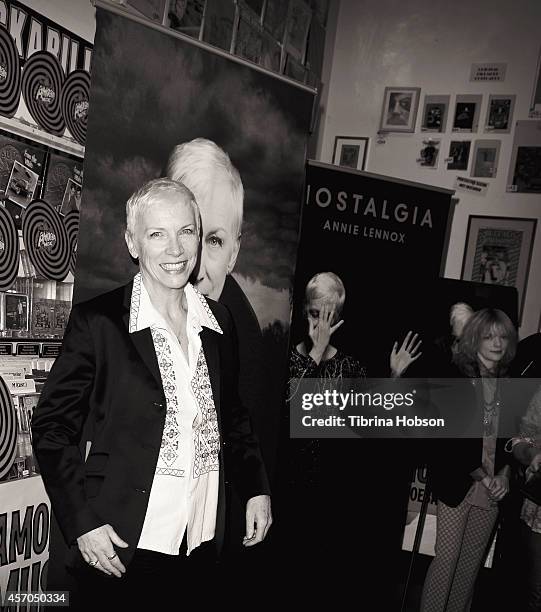 Annie Lennox signs copies of her album, 'Nostalgia', at Amoeba Music on October 10, 2014 in Hollywood, California.