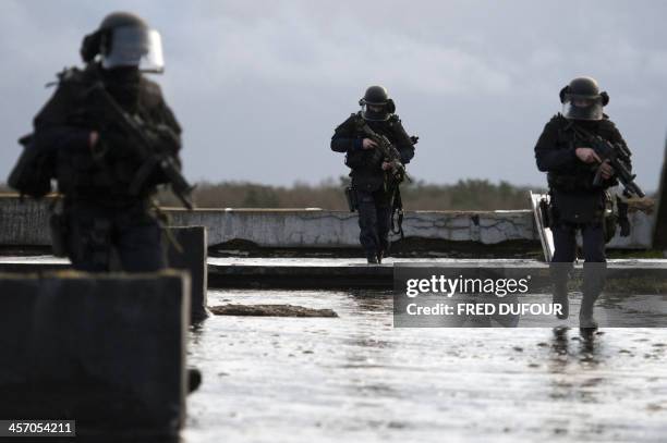 French National Gendarmerie Intervention Group members participate in a training session at the Mondesir base on January 10, 2011 near Etampes, west...