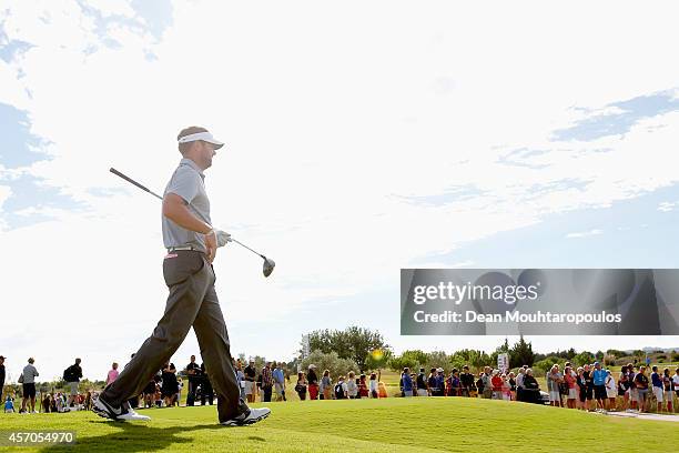 Scott Jamieson of Scotland walks after he hits his tee shot on the 18th hole during Day 3 of the Portugal Masters held at the Oceanico Victoria Golf...