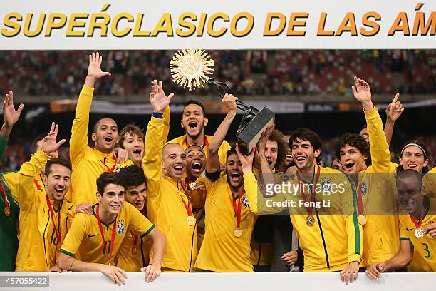 Team of Brazil celebrates winning Super Clasico de las Americas between Argentina and Brazil at Beijing National Stadium on October 11, 2014 in...