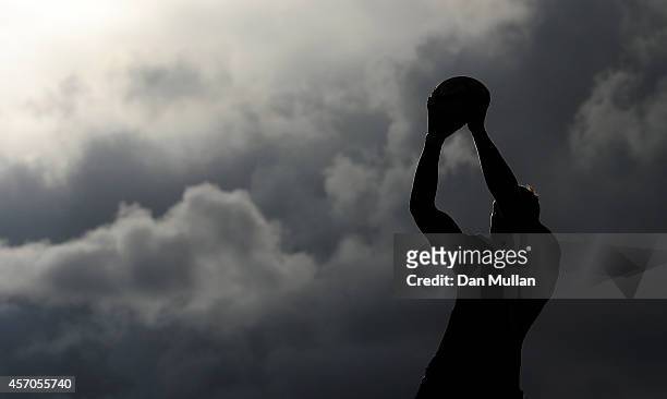 General view of a lineout jumper catching the ball during the Aviva Premiership match between Exeter Chiefs and London Irish at Sandy Park on October...